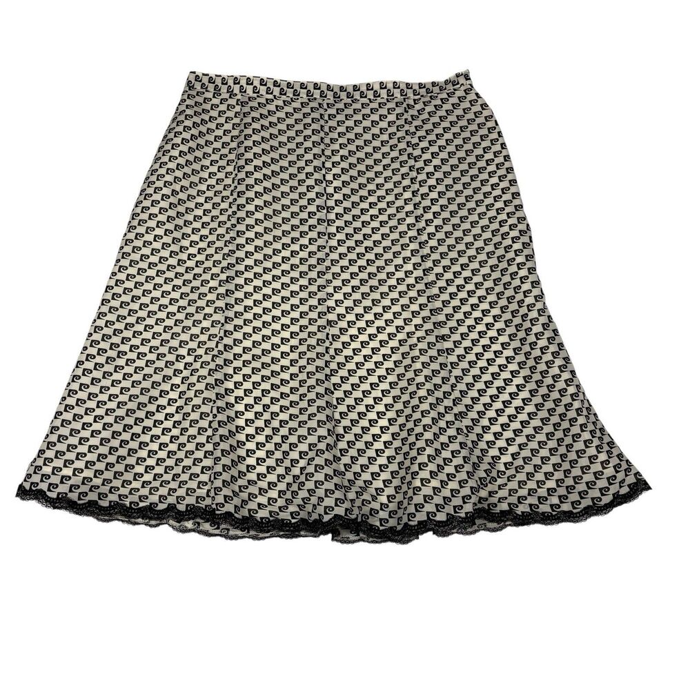 Vintage Pierre Cardin Logo Print Midi Skirt Womens 12 Black White Lace Trim Y2K